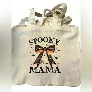 Spooky Mama Bow Halloween Holiday Canvas Tote Bag 17”x14”